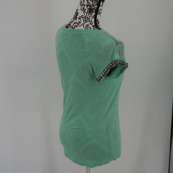 INC International Concepts Teal Semi Sheer T-Shirt Rhinestone Detail Sleeves XS - Picture 6 of 9